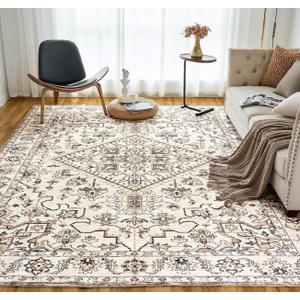 Area Rugs Machine Washable Rug 8'x 10' Vintage Design Area Rugs with Non Slip for Living Room Bedroom Traditional Woven Carpet Stain Resistant, Home Decor Office Boho Rug
