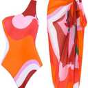 Women One-Piece Swimsuit with Cover up Sarong Wrap Skirt 2PCS Floral Bathing Suits Summer Holiday Beachwear, Extra Large, Red Orange 