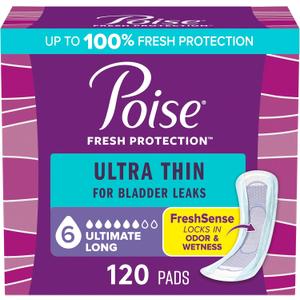 Poise Ultra Thin Incontinence Pads & Postpartum Pads for Bladder Leaks, 6 Drop Ultimate Absorbency, Long Length, 120 Count (3 Packs of 40)