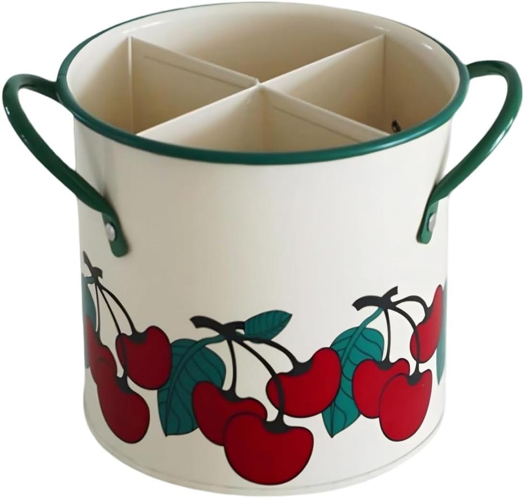 Vintage Utensil Crock - Cherry Kitchen Decor Iron Organizer with Detachable Divider, 4-Compartment Drain Hole Utensil Holder for Vintage Kitchen Utensils & Accessories