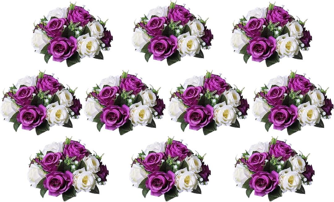 BLOSMON Flower Balls Wedding Rose Centerpieces: 10 Pcs Fake Flowers with Base Kissing Balls Decor Purple&White Artificial Floral Arrangements Flower Bouquet of Roses Home Party Table DIY Decorations