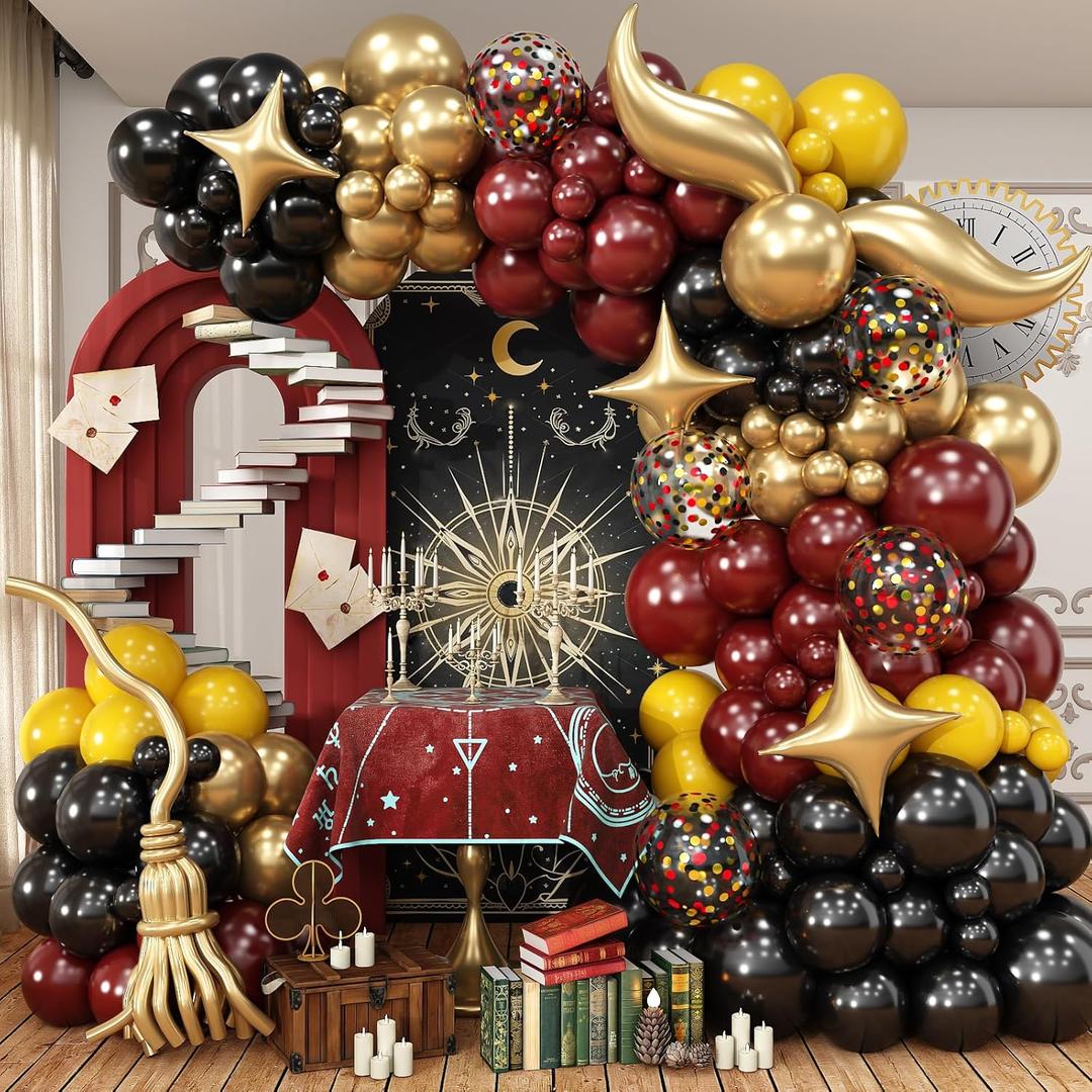 Black Burgundy Gold Balloons Garland Kit Burgundy Maroon Black Metallic Confetti Balloon Arch with Gold Long Balloon Star Foil Balloons for Halloween Birthday Baby Shower Party Decor
