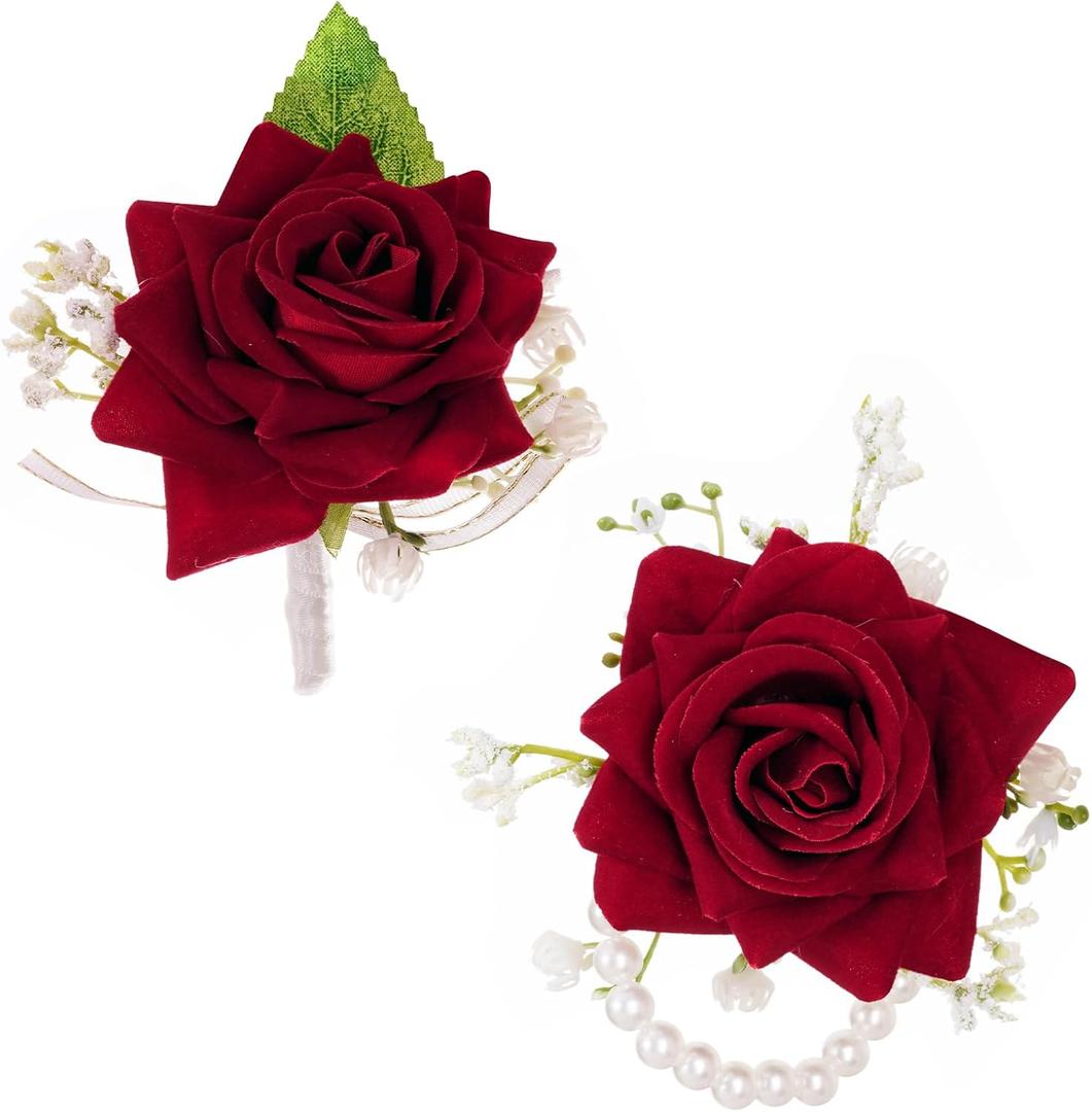 2 Pcs Red Corsage and Boutonniere Set Artificial Rose Corsage Writlet Band Faux Pearl Bracelet for Prom Decor and Boutonniere for Men Wedding Party Suit Flower Accessories (Red)