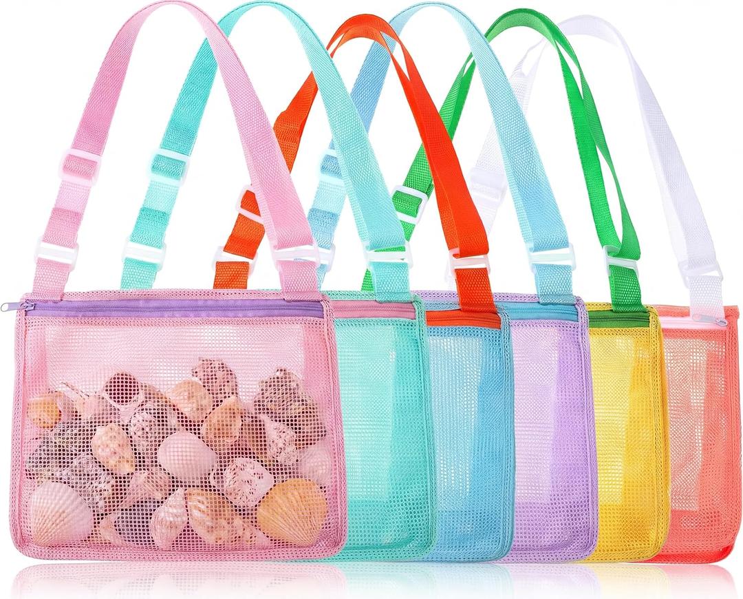 Frienda 6 Pcs Beach Bag Beach Shell Mesh Bag Collecting Sand Toy Totes Colorful Swimming Accessories Storage Pouch with Adjustable Carrying Straps for Men and Women (Colors B)