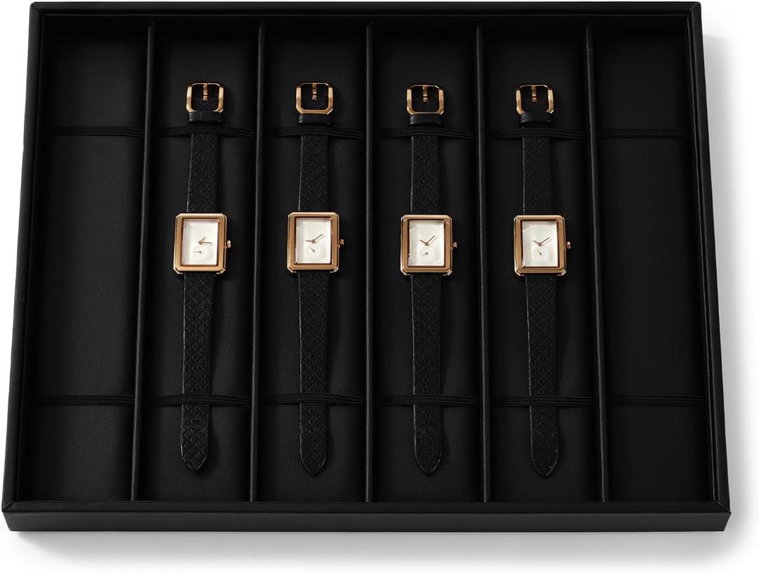 Leather Watch Tray 6 Slots Watch Jewelry Tray Organizer Jewelry Necklace Bracelet Bangle Display Storage For Men Women(Black Leather)