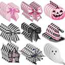 Lyrow 45 Pcs Halloween Bow Patches Pink Black Embroidered Sew on Patches Pumpkin Face Witch Hat Applique DIY Coquette Accessory for Clothes Pants Hats Jeans Decors