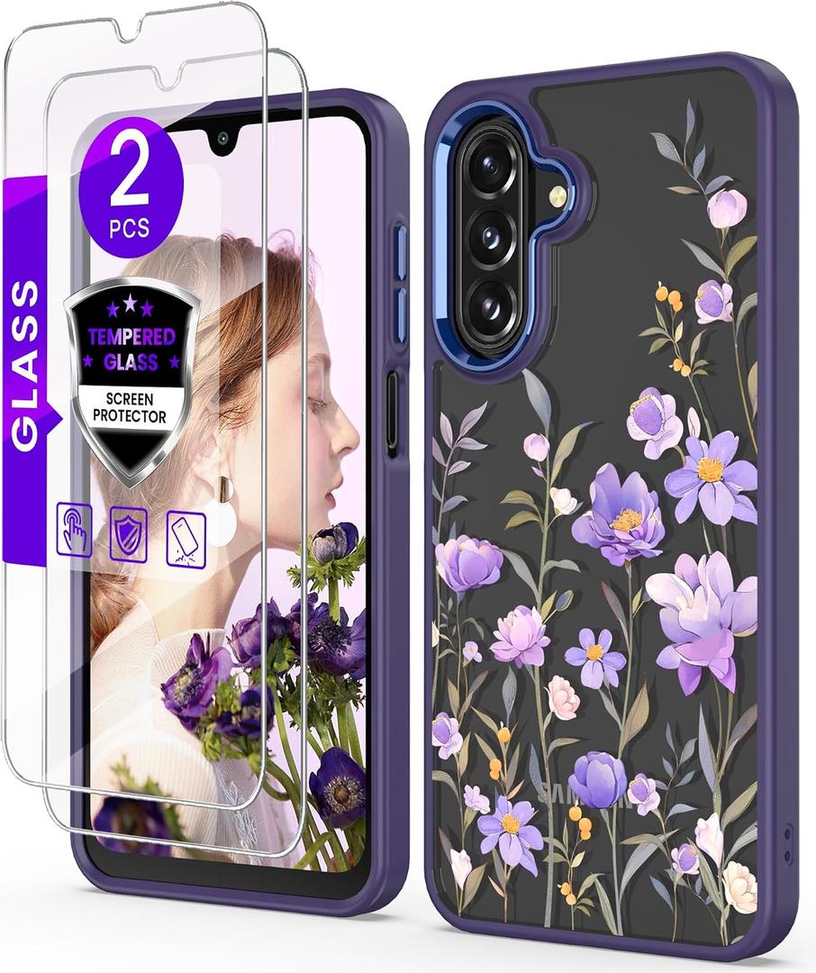 for Samsung Galaxy A17 5G Case+Tempered Glass Screen Protector,Military Grade Protective Slim Soft TPU +Hard PC,Girls Women Crystal Clear Flower Pattern Cover for Galaxy A17 5G-Deep Purple