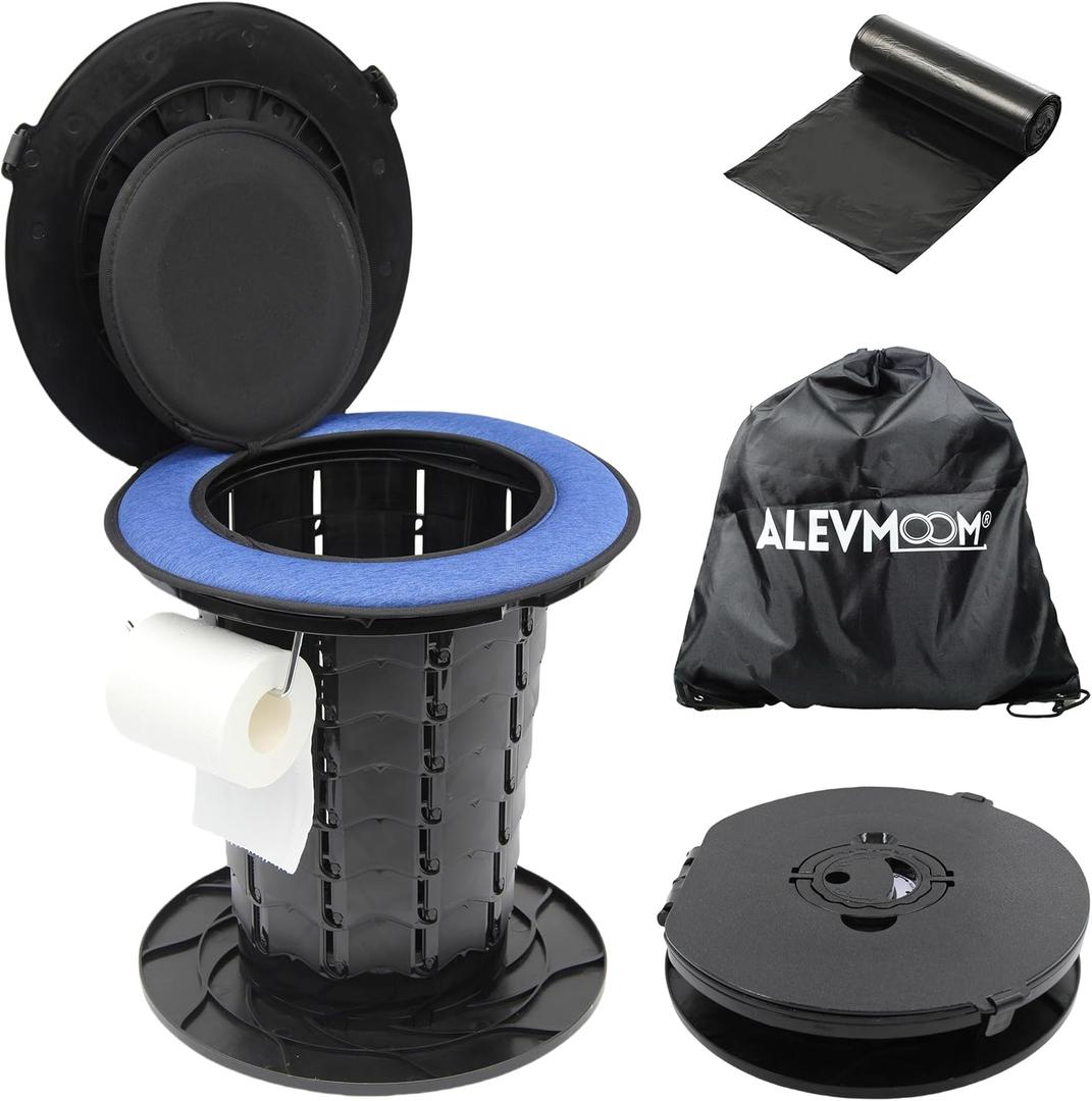 ALEVMOOM XXL Portable Toilet - 19.7" H Taller Wider Collapsible Foldable Camping Toilet with Lid, Strap, Bag - Adjustable for Camping, Hiking, Travel and Car (13"x13"x13.8", Black-10Gen)