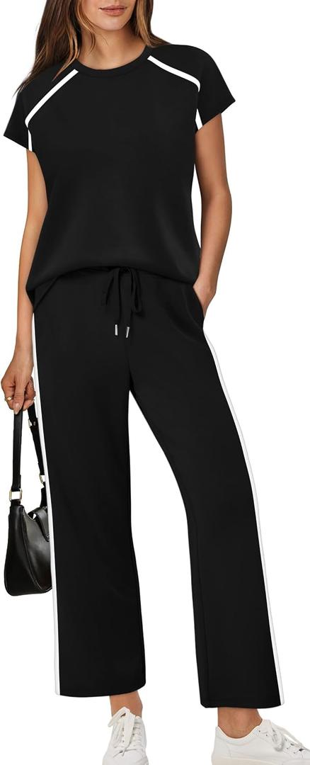 XIEERDUO 2 Piece Sets for Women Crew Neck Travel Airport Outfits Summer Fashion Clothing Cap Sleeve Tops Wide Legs Pants Set (Small, Black)