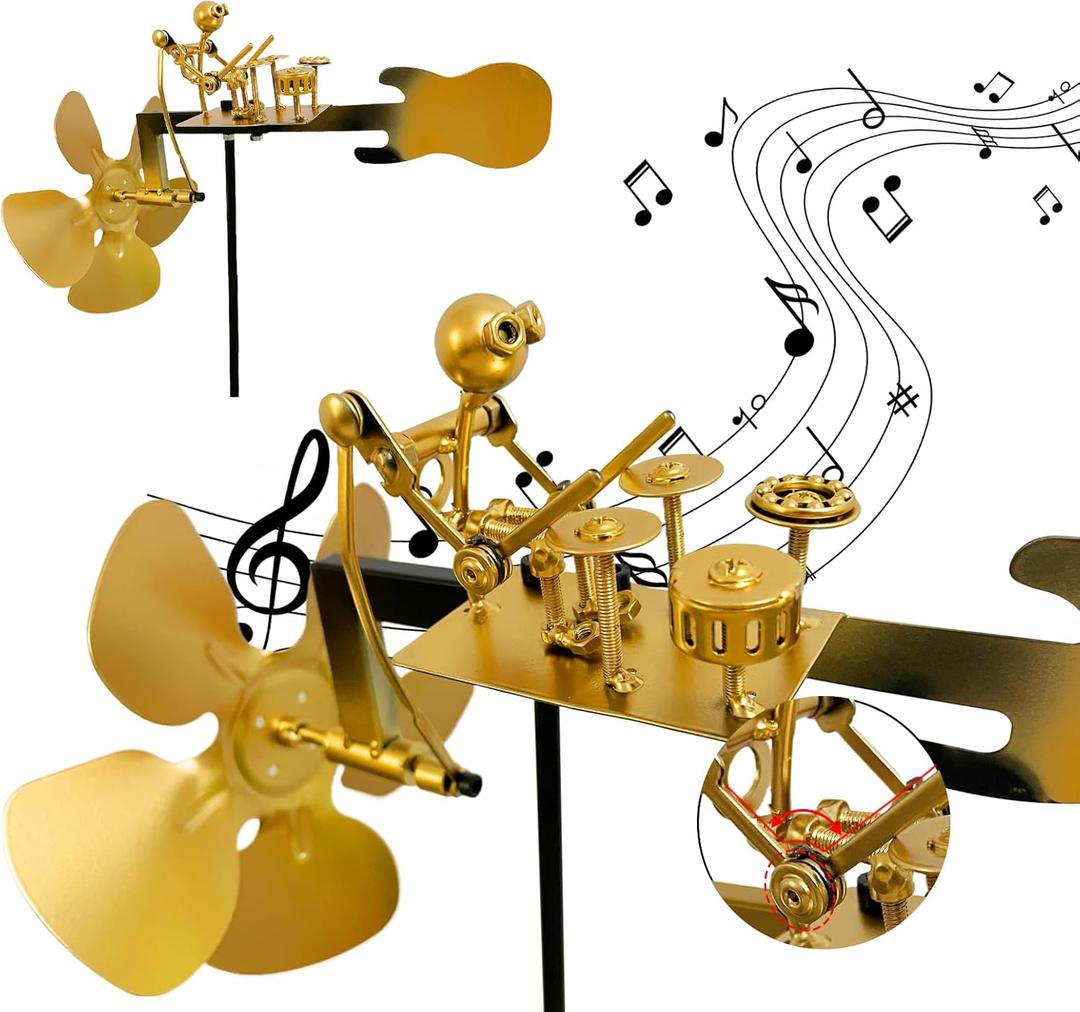 Handmade Metal Drummer Windmill, Rock Art Sculptures, Wind-Powered Kinetic Figurines, Wind Spinners for Garden Yard Lawn Patio Decor, Unique Drummer Statue Gift for Music Lovers (Large)