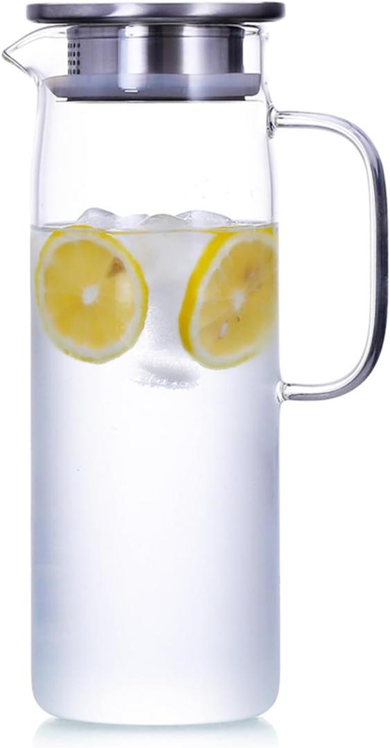 1.5 L Glass Pitcher with Lid and Spout, Cold or Hot Water Drinking Jug for Homemade Iced Tea and Juice