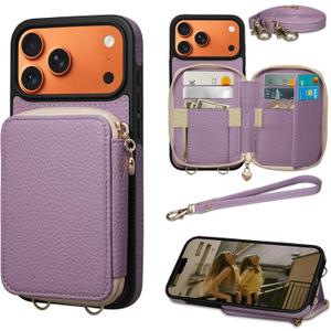 Case for iPhone 17 Pro Max 6.9'' Case Wallet, Crossbody Zipper Purse with RFID Blocking Card Slots Kickstand, Lanyard & Handstrap Flip Folio Leather Phone Cover for iPhone 17 Pro Max, Purple