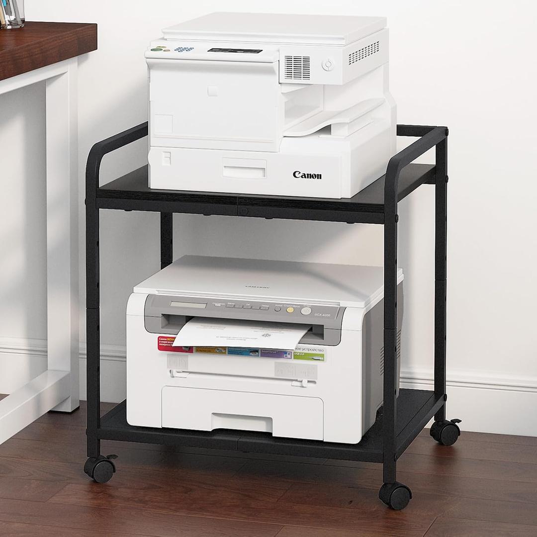 21"x15.8" Large Printer Stand with Storage, 2-Tier Under Desk Printer Table, Rolling Printer Cart with Lockable Wheels for Home, Office (Black)