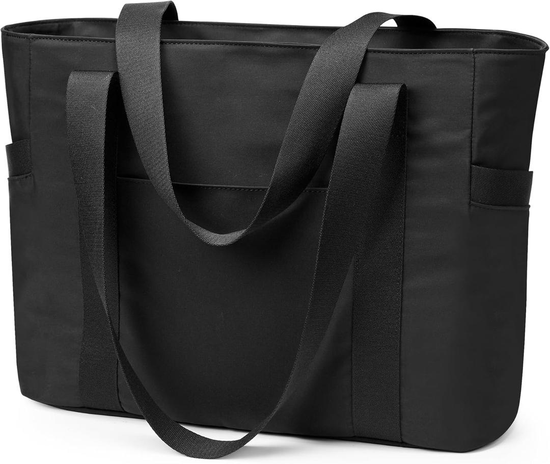 WLLWOO Large Tote Bag, Zipper Shoulder Bag for Women Trolley Sleeve 15.6 Laptop Travel Work Daily Nurse Gym (Black)