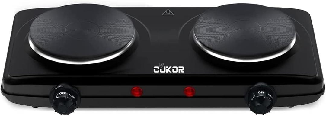 CUKOR Double Cast Iron 2 Burner, 1800W Countertop Burner, Dual Electric Stove Burners, Portable Double Burner for Cooking (Black)