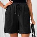 SHEWIN Womens Shorts Lightweight Bermuda Shorts for Women Casual 5 Inch Inseam Summer Linen Shorts with Pockets (Black, M)
