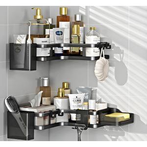 Adhesive Corner Shower Caddy Hanging - 6 Pack Rustproof Stainless Steel Corner Shelves Large Capacity Shower Organizer, Shower Caddy With Bathroom Accessories, Black
