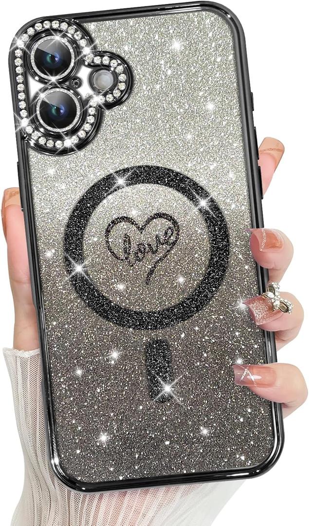 MZELQ Compatible with iPhone 16 Case Plating Magnetic [Support for Magsafe] Bling Glitter Love Heart Back Diamond Camera Lens Cover Crystal Matte Luxury Case for Girls Women -Black