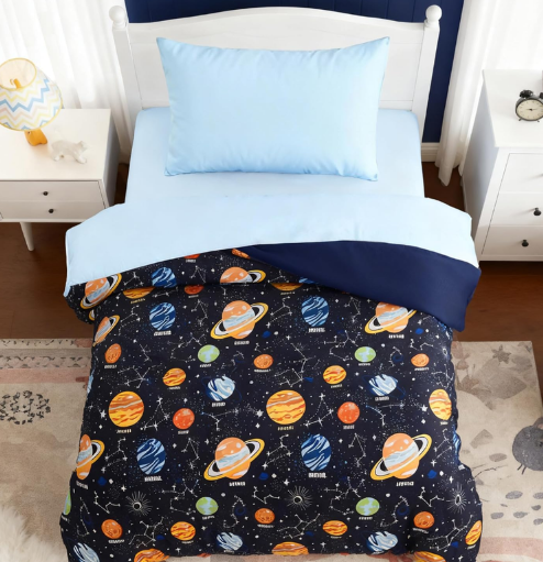Toddler Bedding Set - 4 Pieces Toddler Comforter Set for Kids Boys,Glow in The Dark Space Bed in A Bag with Sheets