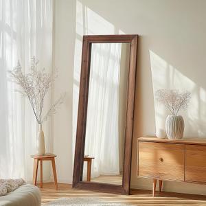 Rustic Floor Full Length Mirror Wood Frame, 56"X21" Farmhouse Free Standing Mirror for Bedroom Living Room Entryway, Hanging or Leaning Wall-Mounted, Tempered Glass, Brown