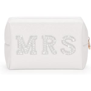 Etercycle MRS Letter Cosmetic Bag, Bridal Shower Gifts Small PU Waterproof Makeup Bag, Bling Pearl Rhinestone Patches Travel Organizer for Engagement Bachelorette Party (Silver)