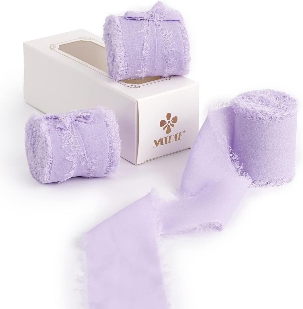 Meedee Lavender Chiffon Ribbon 2 Inch Fringe Chiffon Ribbon Light Purple Ribbons for Crafts Silk Chiffon Ribbons for Gift Wrapping Wedding Invitation, Bridal Bouquet (3 Rolls 21 Yards)
