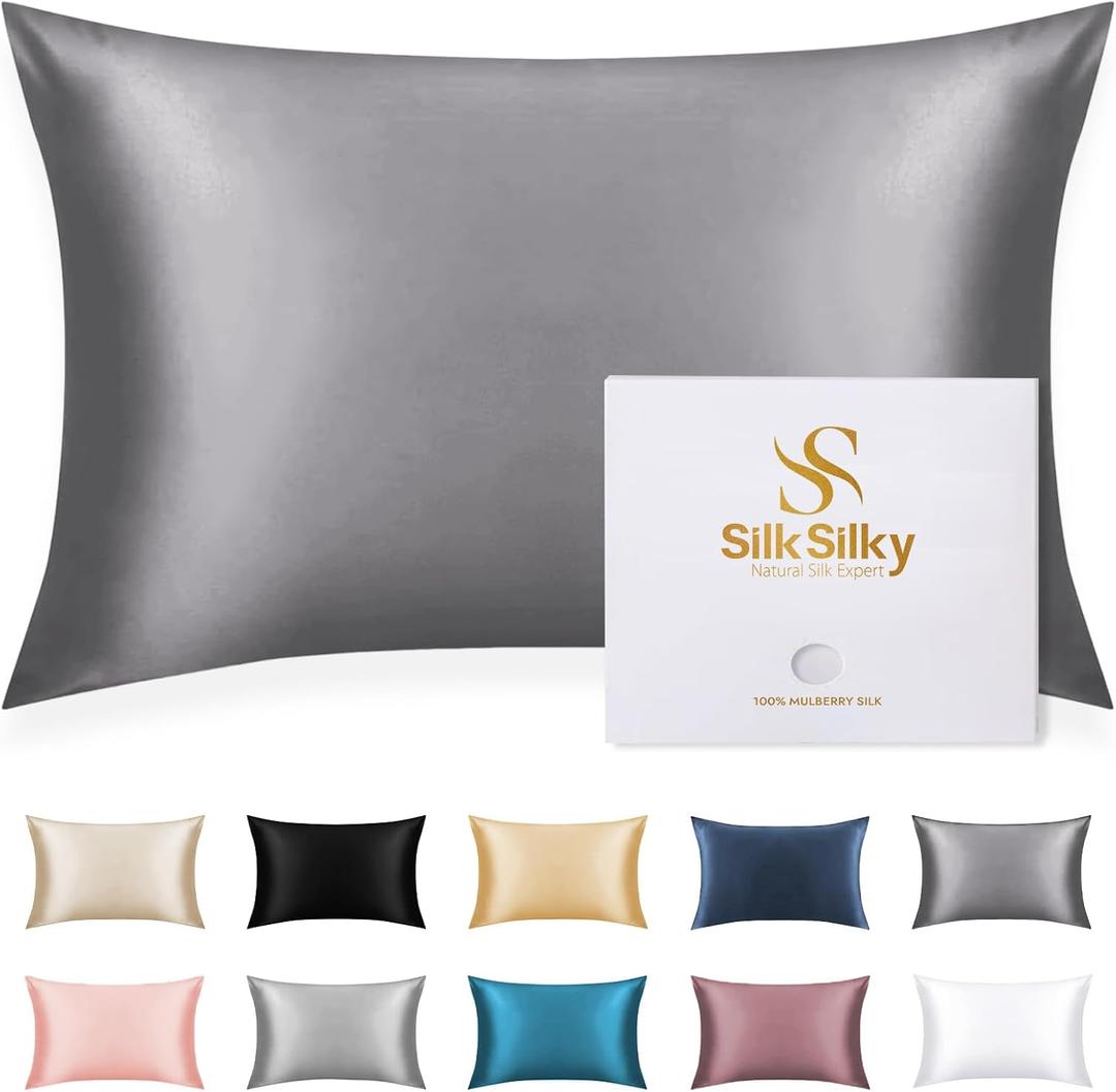 SilkSilky 100% Mulberry Silk Pillowcase - Pure 22 Momme High-Grade 6A Fibers for Hair & Skin, Envelope Closure, Natural, Organic, Breathable & Cooling Pillow Case (Queen, Dark Gray)