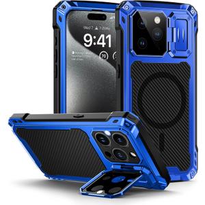Lanhiem for iPhone 15 Pro Max Metal Case, [Built-in Camera Kickstand & Glass Screen Protector] Protective Heavy Duty Full Body Military Rugged Shockproof Magnetic Cover (Blue)