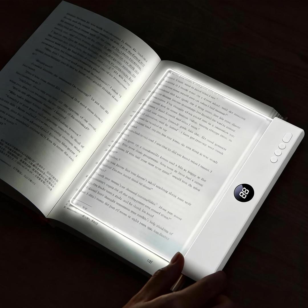Flat Book Light, Rechargeable Clear LED Flat Reading Light with 3 Colors & Timer, Dimmable Panel Plate Book Lamp Full Page Light, Eye Protection, Book Lights for Reading at Night (White)