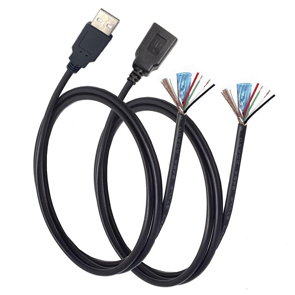 2 x 2 Pcs USB A Male & Female Plug Aluminum Foil Shielded Twisted Pair Bare Wire Open End Cable 6.6Ft(200cm) 4 + 1cores Power and Data Transmission Pigtail Repair Tin on The Tail Cable Cord