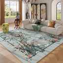 Area Rugs 8x10 Clearance Chinoiserie-Style Floral Vintage Machine Washable Non Slip Low Pile Large Rug for Bedroom, Farmhouse, Dining Room, Kids Playroom, Blue
