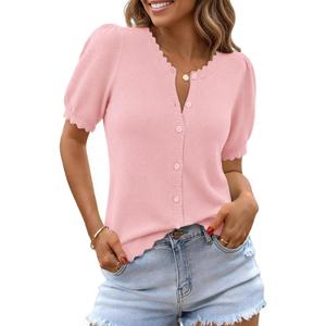 Saodimallsu Womens Puff Short Sleeve Cardigans Lightweight Button Down Shirts Crew Neck Casual Knit Sweater Tops (Pink, L)