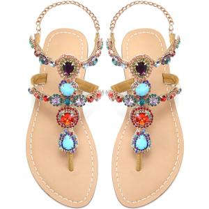 Women's Rhinestone Flat Sandals, Women Flip Flops with Clip Toe RingBeadeed Rhinestone Crystal Jeweled Sandal Shoes for Summer Beach Oceanside Holiday Outdoor, 9