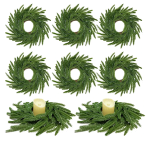 13.5 Inch Norfolk Pine Wreath Candle Rings, 6 Pcs Realistic Soft and Full Mini Christmas Wreath Table Centerpieces Candle Wreaths for Pillar Candles Cedar Small Wreaths for Cabinets Kitchen Windows