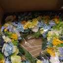 Faux Silk Flower Spring Summer Easter Wreath 24-26" for Front Door – White Ranunculus Yellow Daisy Blue Hydrangea Green Eucalyptus Leaves – Farmhouse Front Porch Wreath, Outdoor Indoor Use