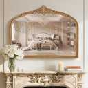 Farmhouse Wide Arched Mirror - 32x42 Inches Antique Gold Baroque Wooden Mirrors, Vintage Ornate Beaded Decorative Mirror for Living Room, Mantel