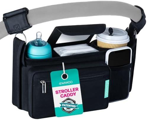 Swanoo Stroller Caddy Organizer With Cup Holder, Non Slip Straps Bag for Phone, Pet Stroller Accessories, Universal Fits Uppababby Vista v2 Wonderfold Wagon, Doona and More, Black Strap