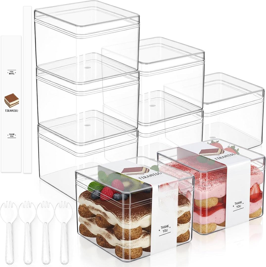 Blushtier 25 Pack Dessert Cups with Lids and Sporks Stickers, Clear Reusable Tiramisu Containers Parfait Cups for Cookie, Macaron, Pudding, Mousse, Fruit (3.35 x 3.35 x 2.56 Inch,Square)
