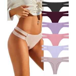 Knowyou 6 Pack Seamless Thongs for Women Sexy No Show Breathable Underwear Stretch Straps T-Back Tangas Panties for Ladies (Medium, A 6pack Thong (Black*1 Brown*1 ColorWine*1 Pink*1 Purple*1 Grey*1))