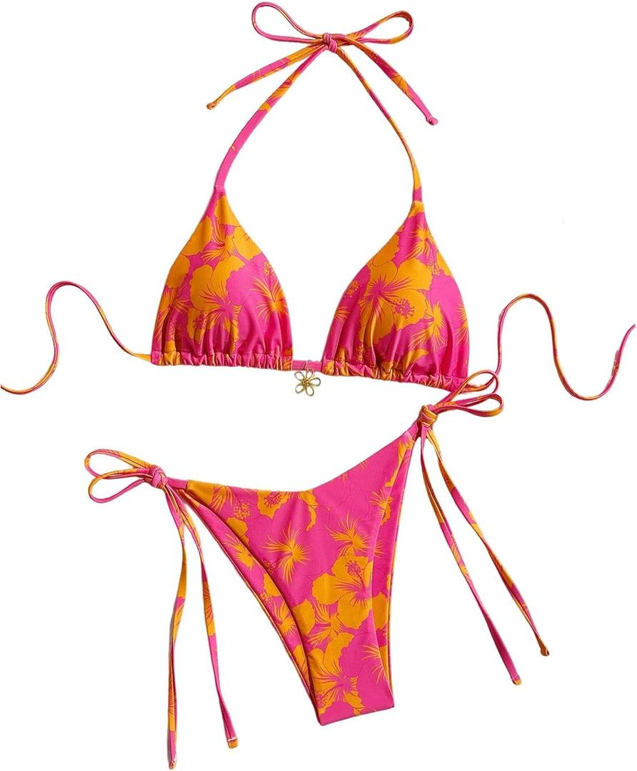 GORGLITTER Women's Floral Bow String Bikini Set Triangle Halter Swimsuit High Cut Summer Bathing Suit Swimwear 2025 (Medium, Pink and Orange)
