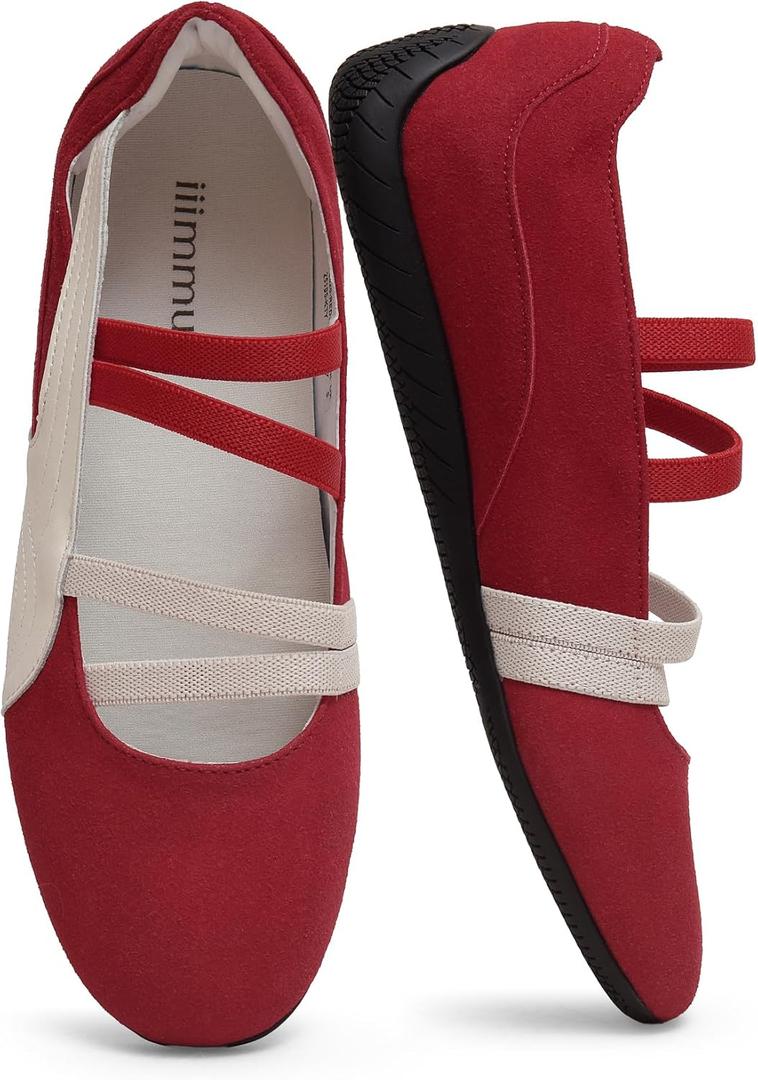 iiimmu Fashion Sneakers Ballerina Flats with Elastic Straps Casual Walking Shoes Lightweight Comfortable Dress Flats with Rubber Sole Faux Suede (8, Red White)