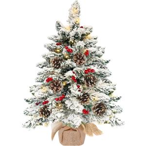 24 Inch Snow Flocked Mini Christmas Tree with 40 Warm Lights Timer, 2Ft Small Tabletop Christmas Tree Battery Operated 42 Red Berry Pinecone Burlap Base Xmas Tree Indoor Home Table Fireplace Decor