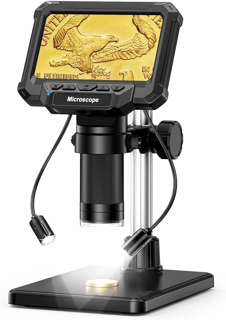 Coin Microscope with Light, 4.3-Inch LCD 1000X - 1080P Video, Rechargeable, 8-LED Ring + 2 Aux Lamps, USB Type-C PC Connect, Coin Magnifier, Coin Magnifier Microscope for Error Coins