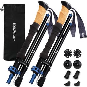 TREKOLOGY Trek-Z Cork Grip Trekking Poles  Lightweight Folding Hiking Poles, Adjustable Height, Compact Travel Design, Aircraft-Grade Aluminum Walking Sticks for Men & Women (Black with Blue)