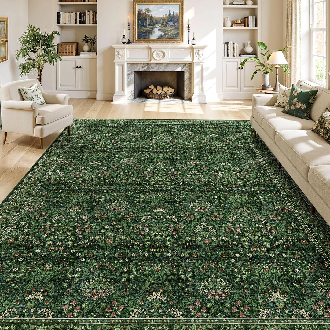 Washable 9x12 Area Rug for Spring Living Room Bedroom Dining Room Under Kitchen Table,Non-Slip Low Pile Stain Resistant Soft Large Carpet for Vintage Floral Oriental Home Decor Grass Green