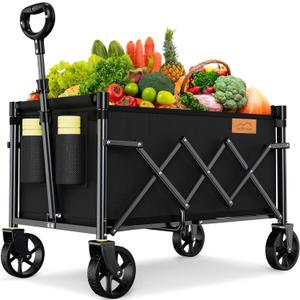 Collapsible Wagon Cart Foldable with 220lbs Weight Capacity, Lightweight Portable Folding Utility Grocery Shopping Cart with Wheels for Camping Sports Beach and Shopping (Black)