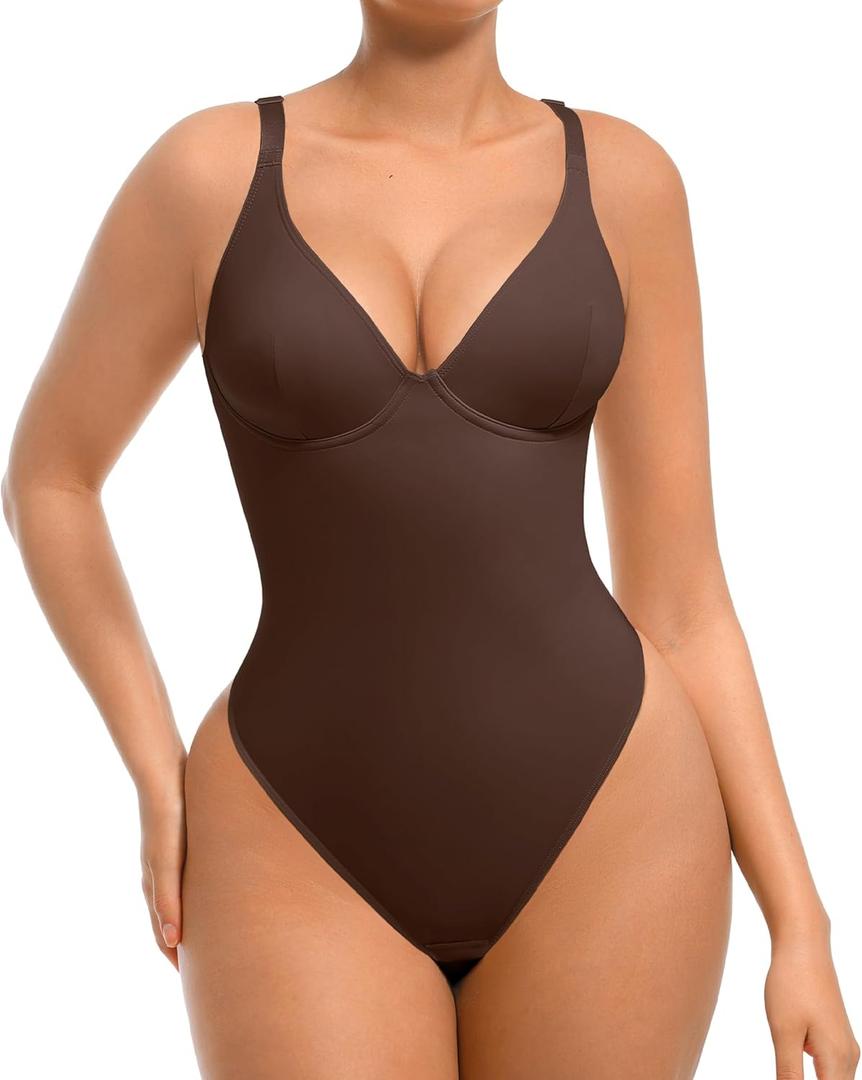FeelinGirl Bodysuits for Women Tummy Control Thong Shapewear Body Suit Sexy Deep V Neck Corset Tops for Women (XX-Large, Chocolate)