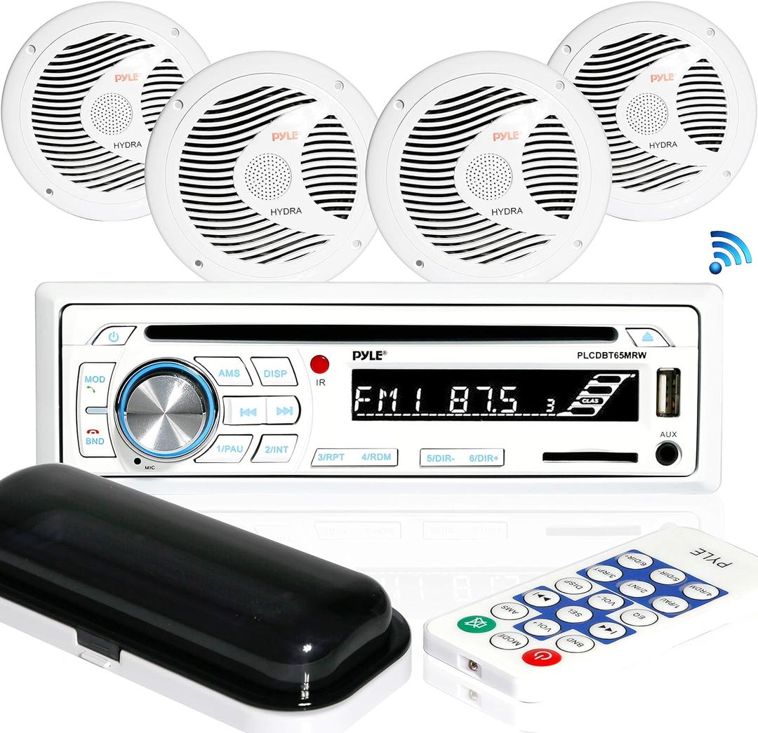 Pyle Marine Stereo Receiver Speaker Kit - In-Dash LCD Digital Console Built-in Bluetooth & Microphone 6.5 Waterproof Speakers (4) w/ MP3/USB/SD/AUX/FM Radio Reader & Remote Control -PLCDBT85MRW