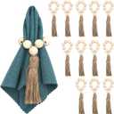 Wooden Bead Napkin Rings Set of 12, Farmhouse Stretchable Napkin Rings with Jute Rope Tassel, Rustic Boho Napkins Ring for Thanksgiving Table Decor Wedding Banquet Dining Party Decoration