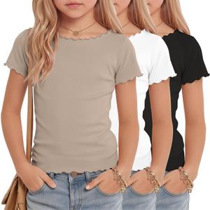 3 Pack Girls Boat Neck Tops | Short Sleeve, Slim Fit, Basic Style, Solid Color, Lace Detail, Lettuce Trim, Summer Wear, Soft, Stretchy, Comfortable